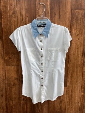 New Frontier White Shirt with Light Blue Denim Collar